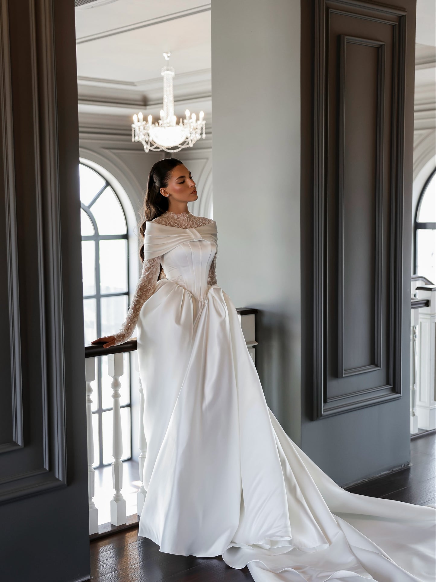 Lace High-Neck Ball Gown Wedding Dress with Train