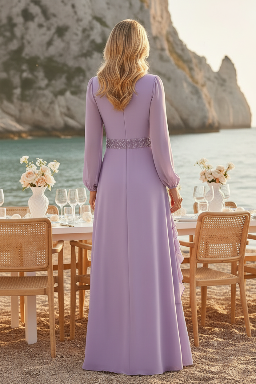 V-Neck Long Sleeve Chiffon A-Line Evening Gown
