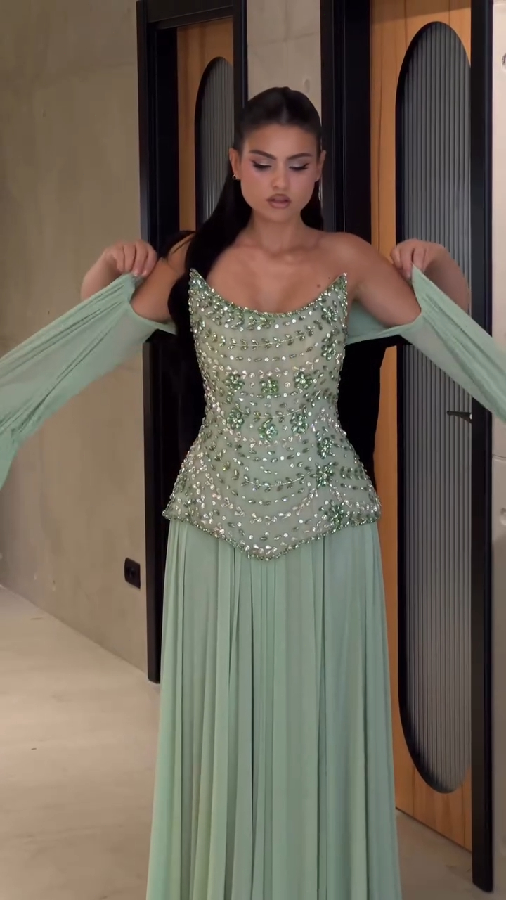 Beaded Corset Evening Gown with Draped Sleeves