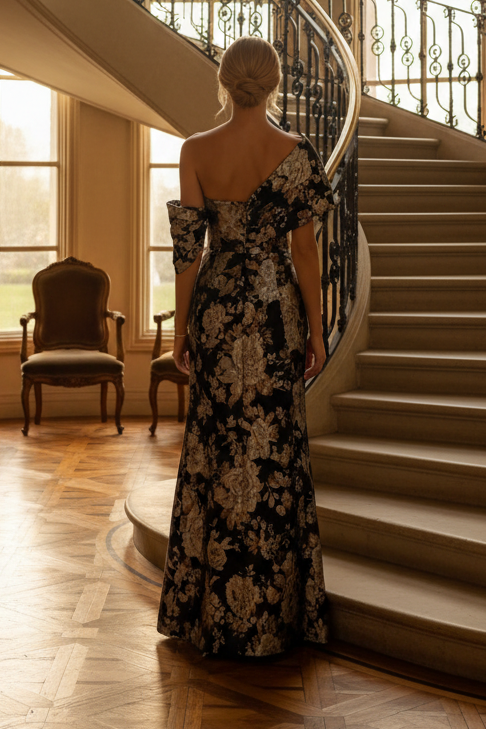 Asymmetrical Floral Jacquard One-Shoulder Evening Gown