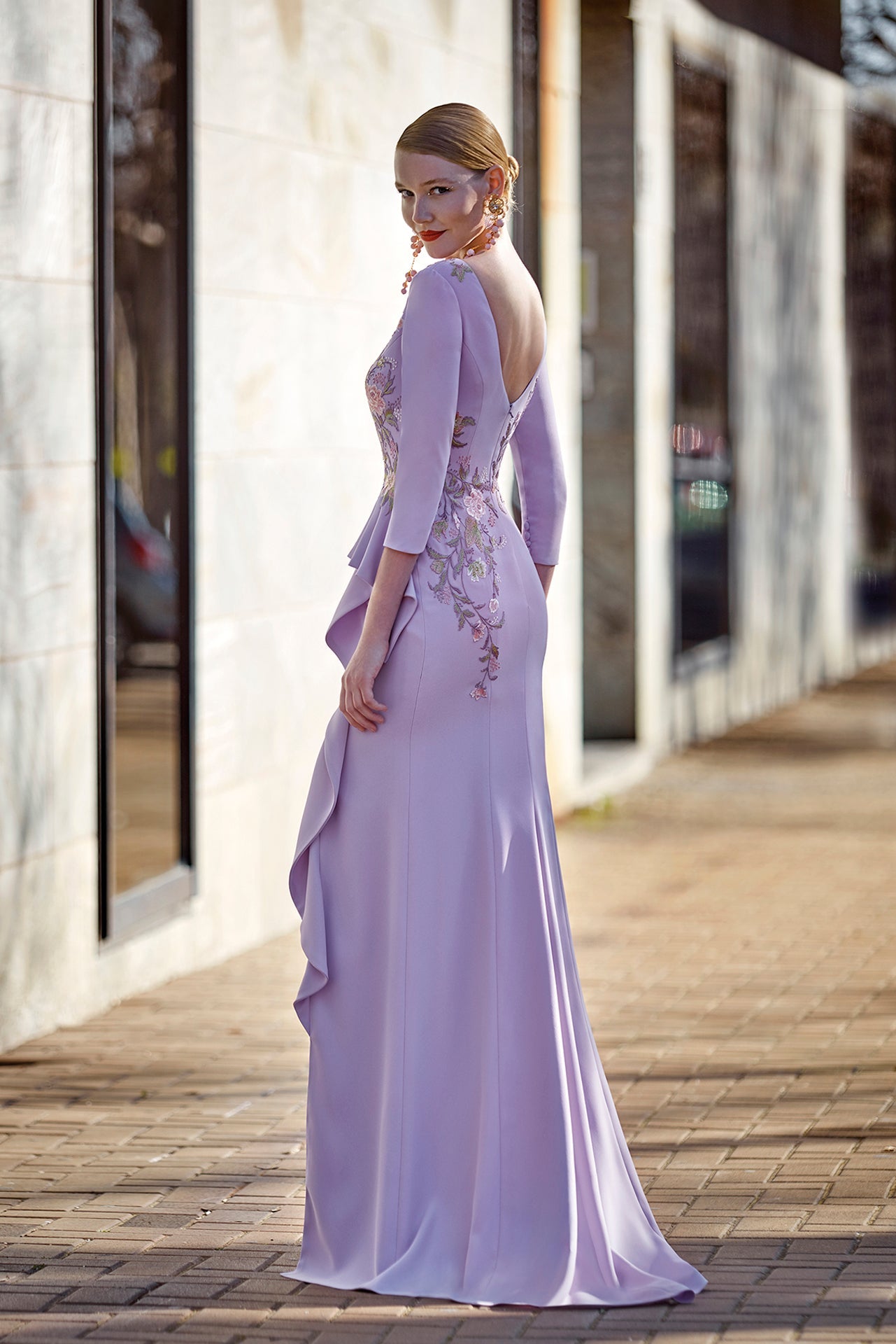 Floral Embroidered Column Gown with Ruffles