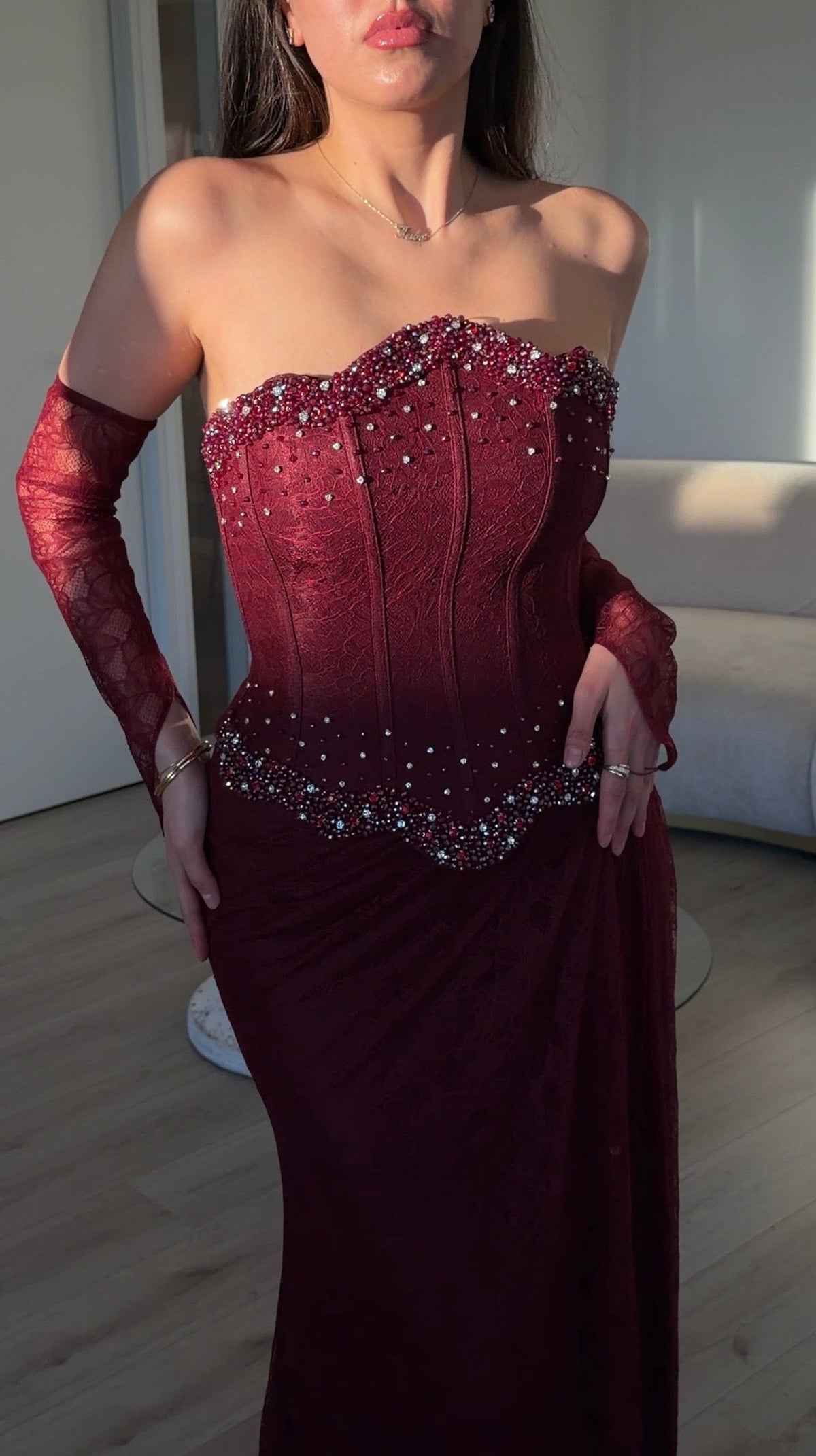 Strapless Beaded Corset Lace Evening Gown with Gloves