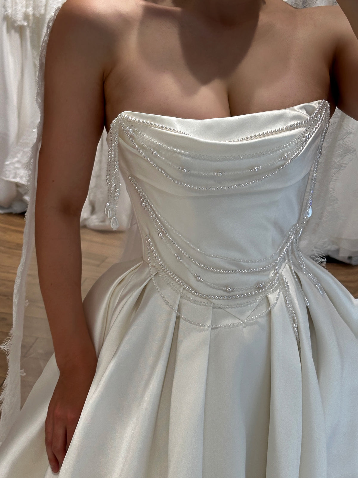 Strapless Pearl-Beaded Satin Ball Gown Wedding Dress