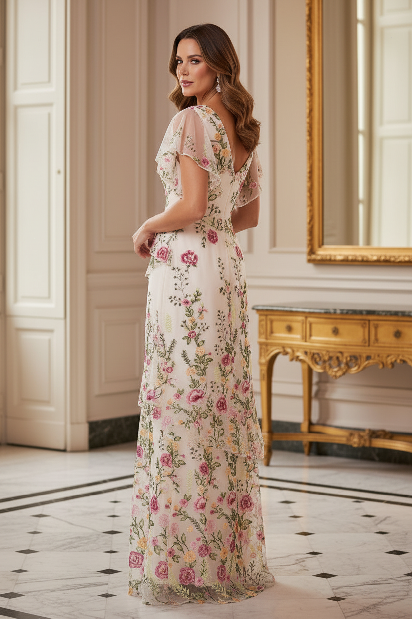 Floral Embroidered Tiered Gown with Flutter Sleeves