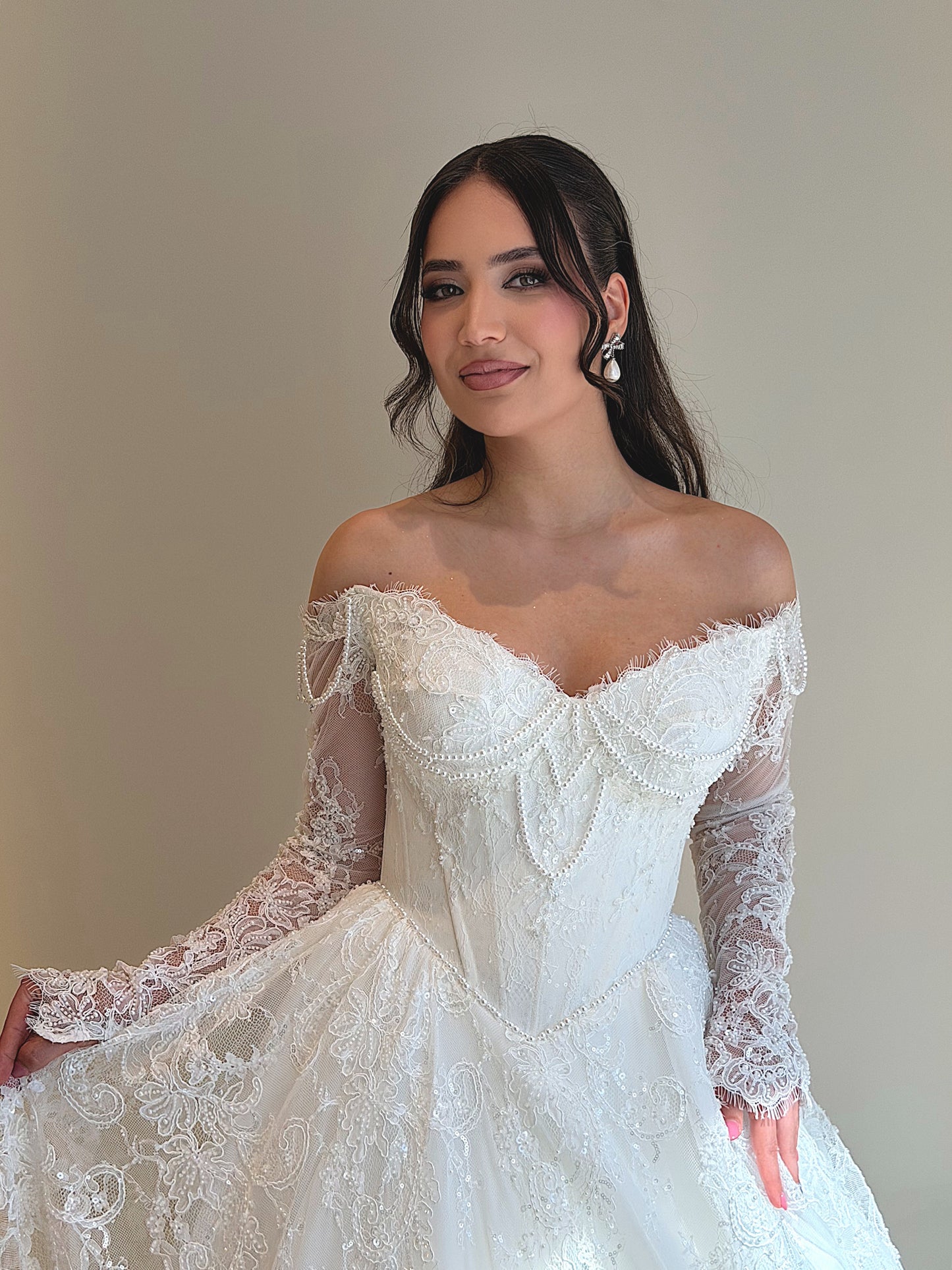 Off-the-Shoulder Lace Ball Gown Wedding Dress