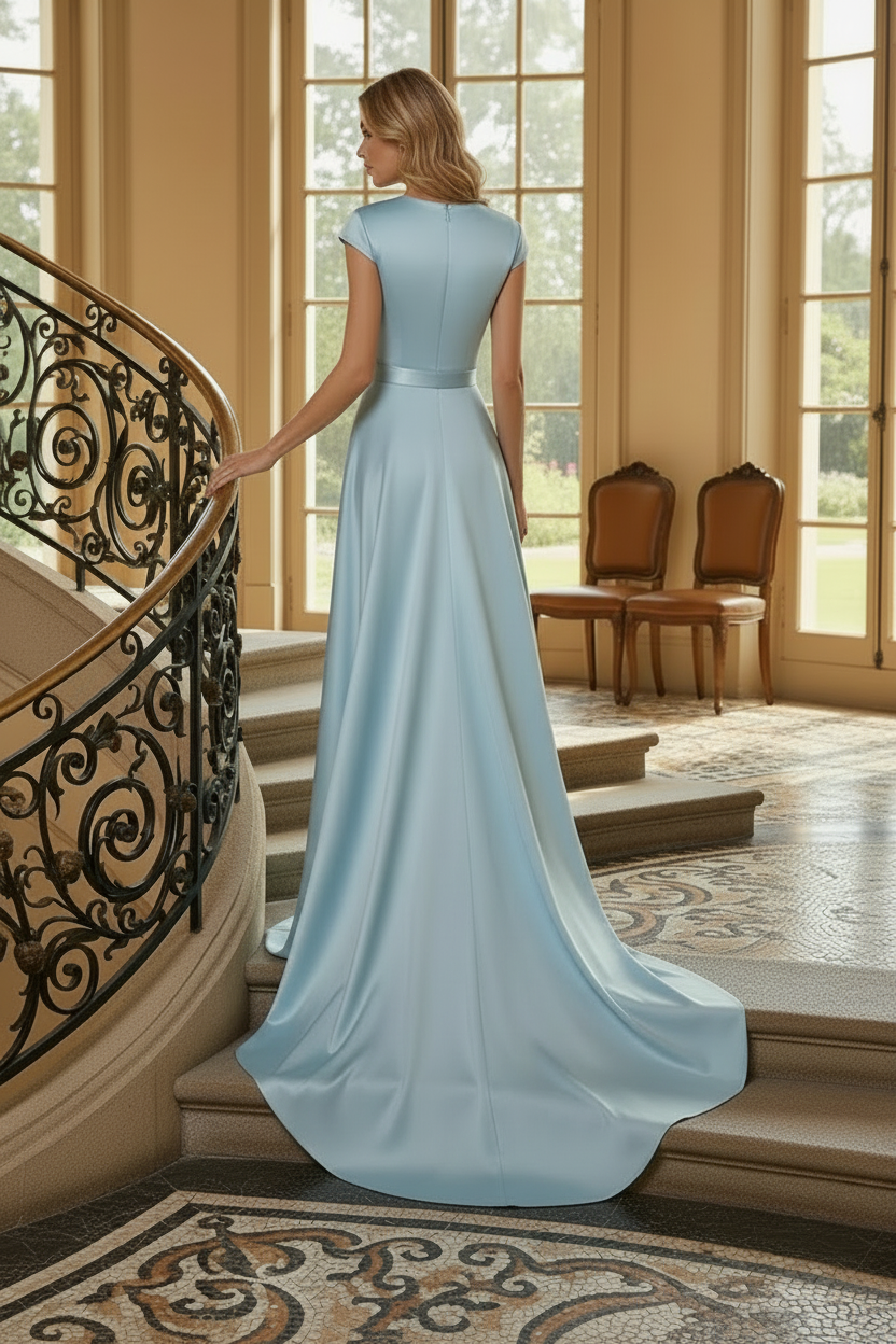 Cap Sleeve Satin Gown with Embroidered Underskirt