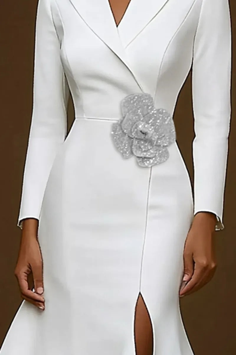 Lapel Neck Midi Dress with Slit and 3D Flower