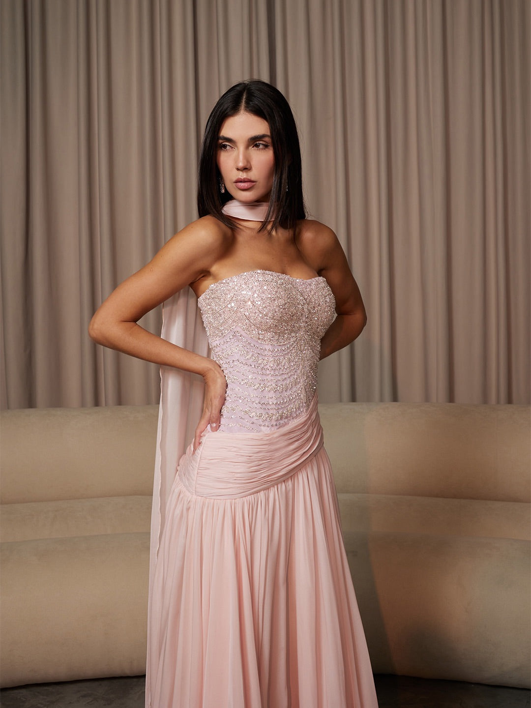 Beaded Strapless Chiffon Cape Gown