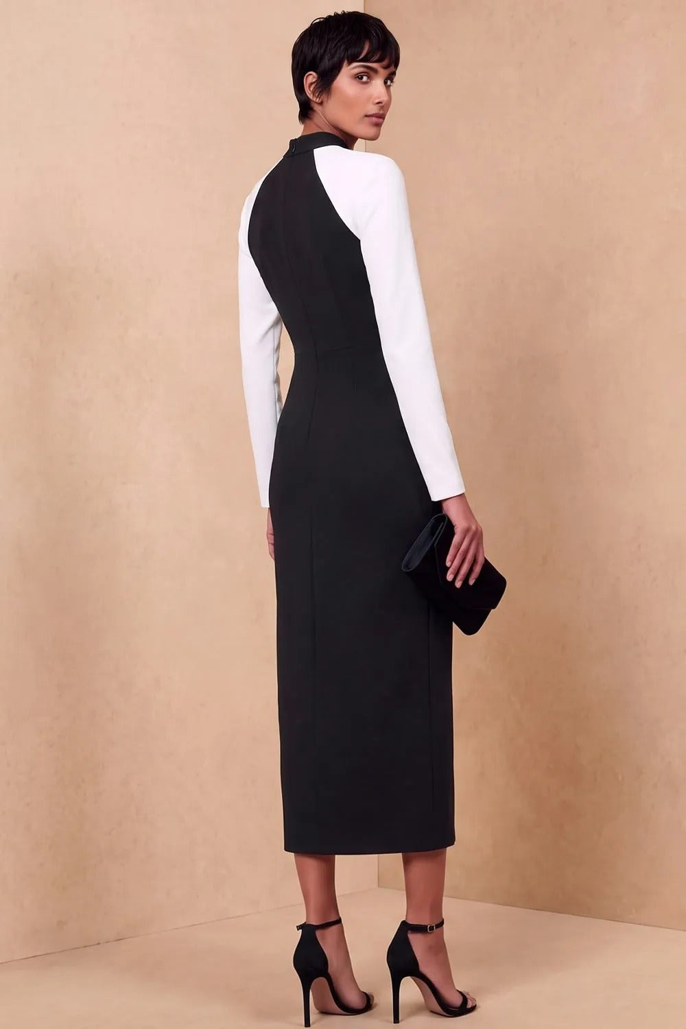 Colorblock High-Neck Keyhole Midi Dress