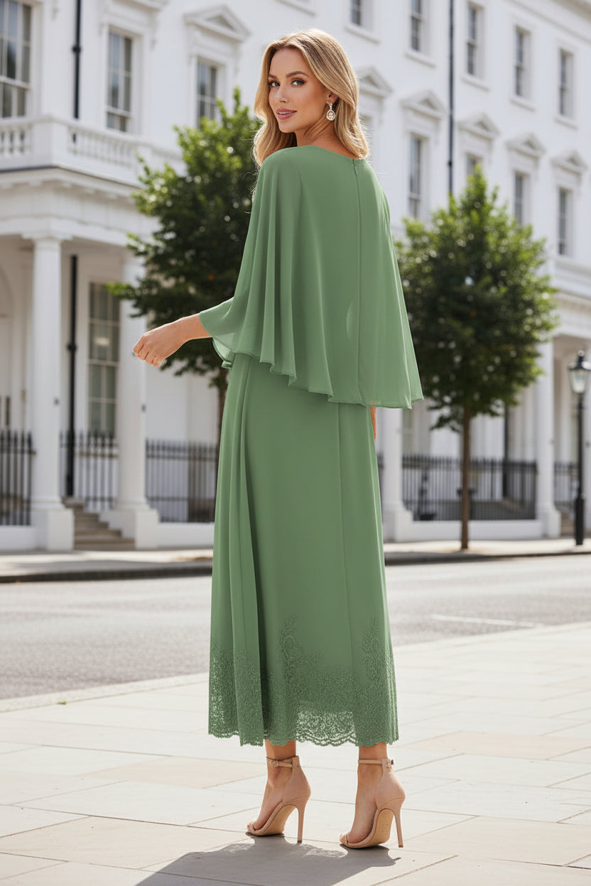 Chiffon Capelet Midi Dress with Lace Hem