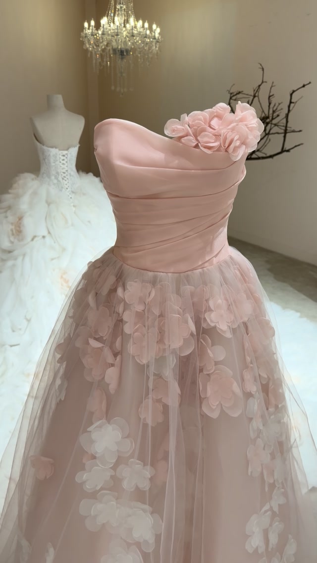 Asymmetric 3D Floral Applique Tulle Gown