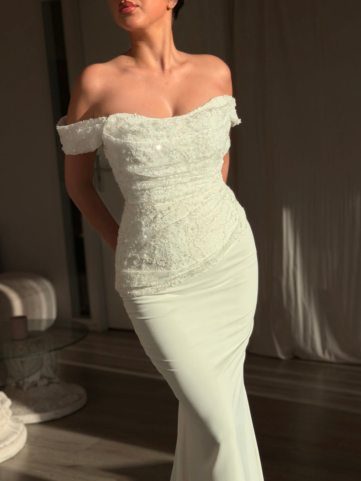 Off-Shoulder Ruched Lace Bodice Mermaid Gown