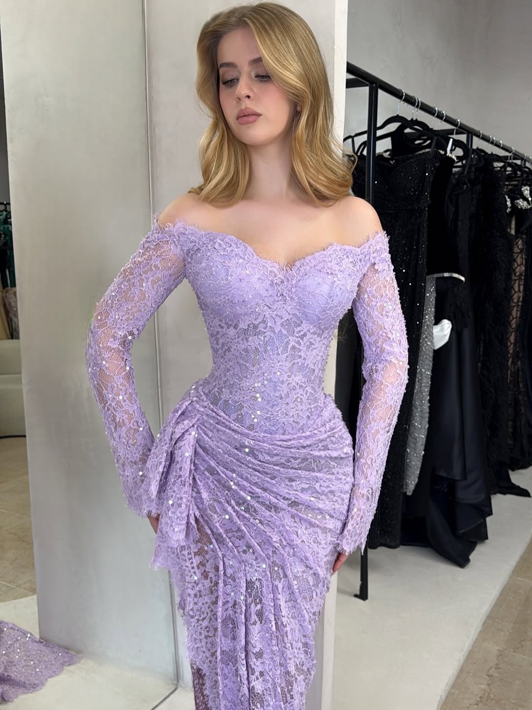 Off-Shoulder Lace Long Sleeve Gown with Slit