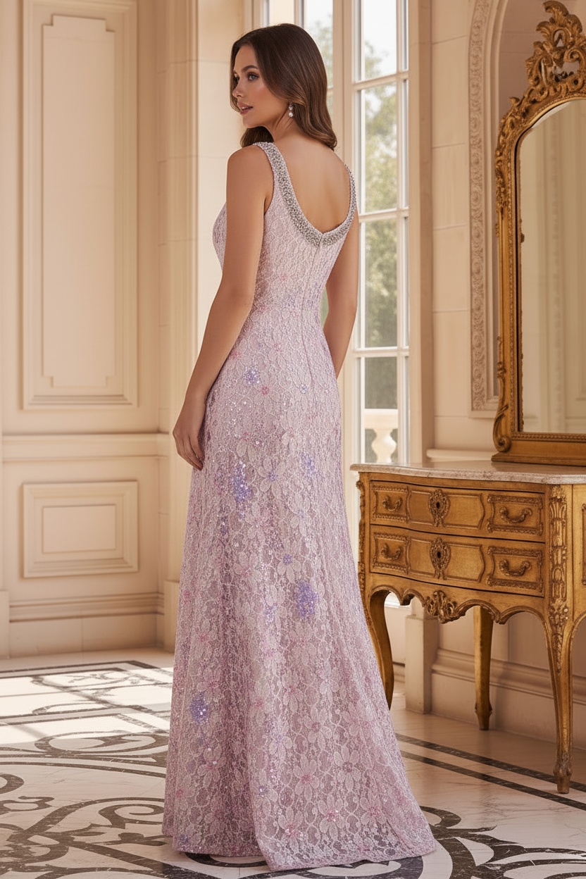Floral Sequin Lace Gown with Sheer Chiffon Jacket