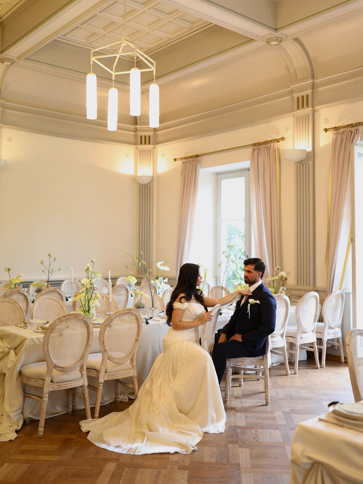 Ruched Drop-Waist Wedding Dress with Train