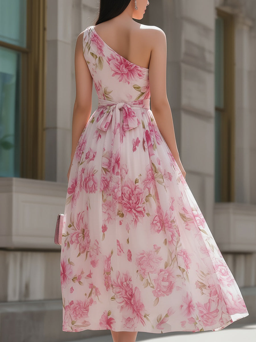 Floral Print One-Shoulder A-Line Maxi Dress