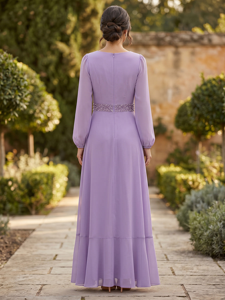 V-Neck Long Sleeve Chiffon A-Line Evening Gown