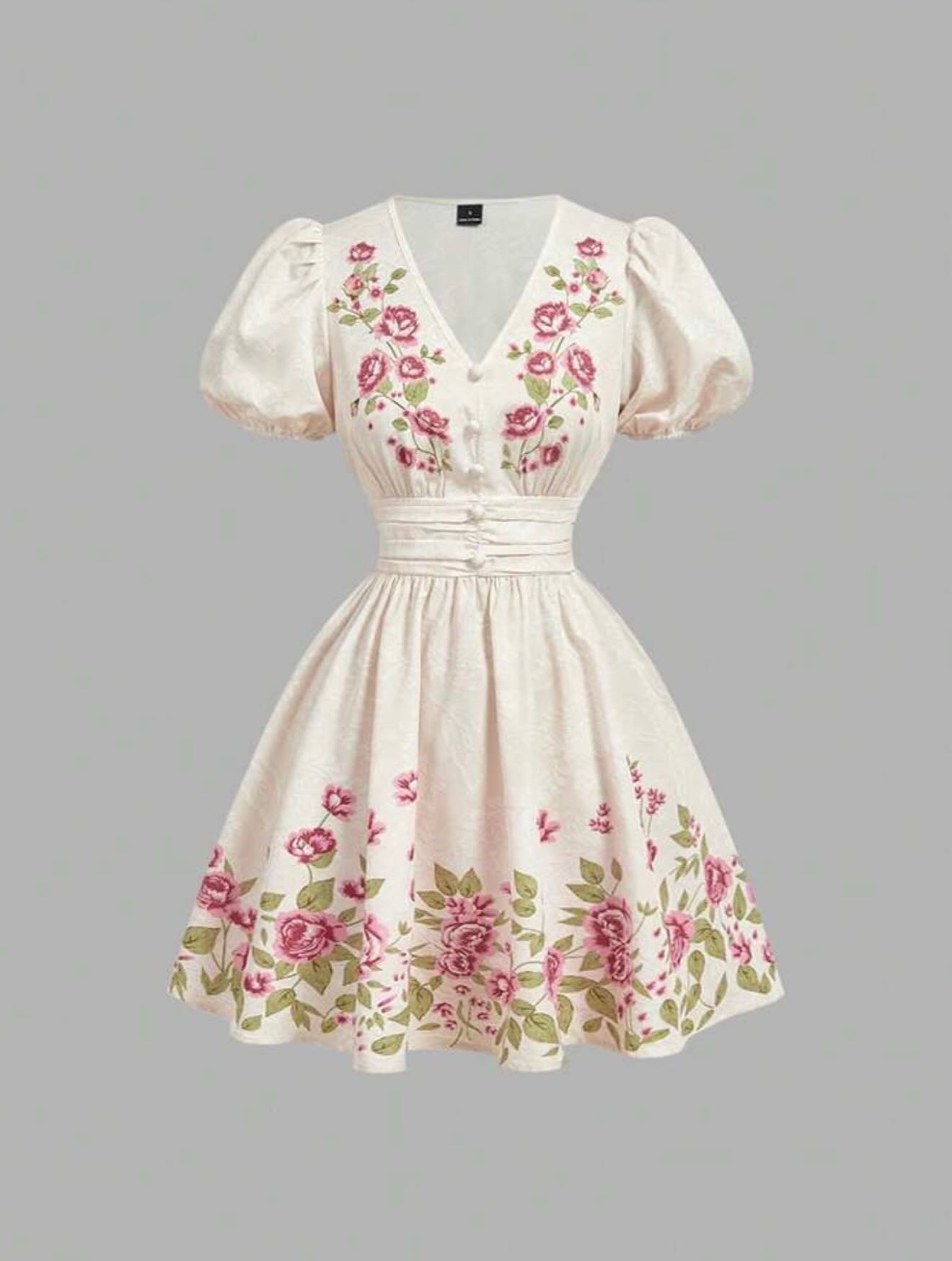 Vintage Inspired Floral Embroidery Puff Sleeve Mini Dress