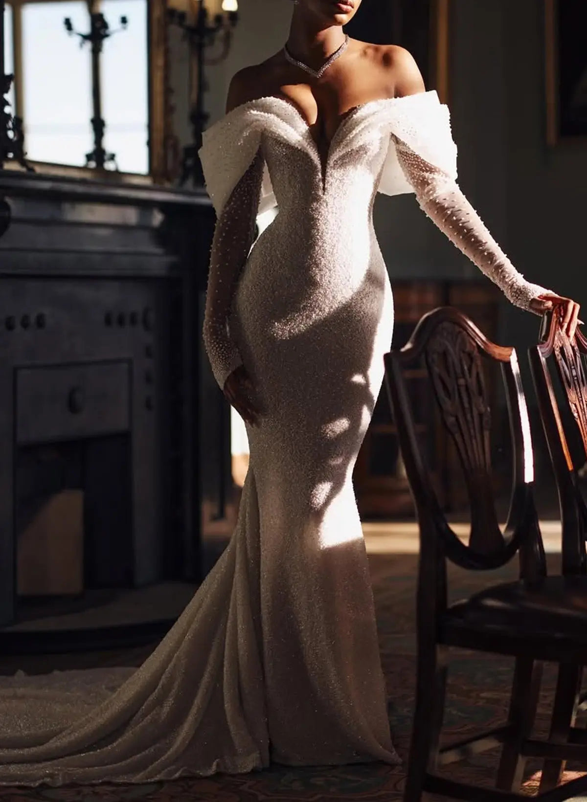 Off-the-Shoulder Mermaid Wedding Dress with Train