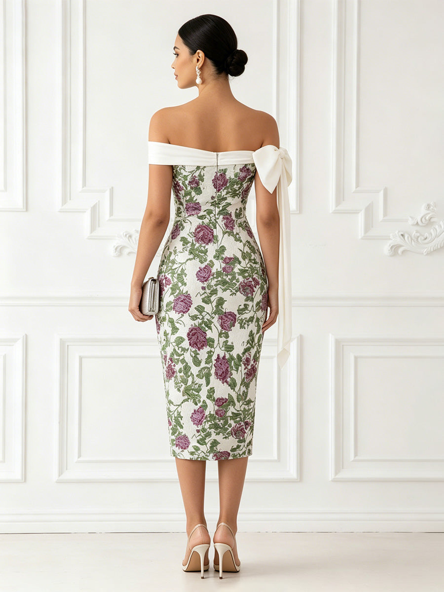 Off-the-Shoulder Bow Detail Floral Jacquard Midi Dress