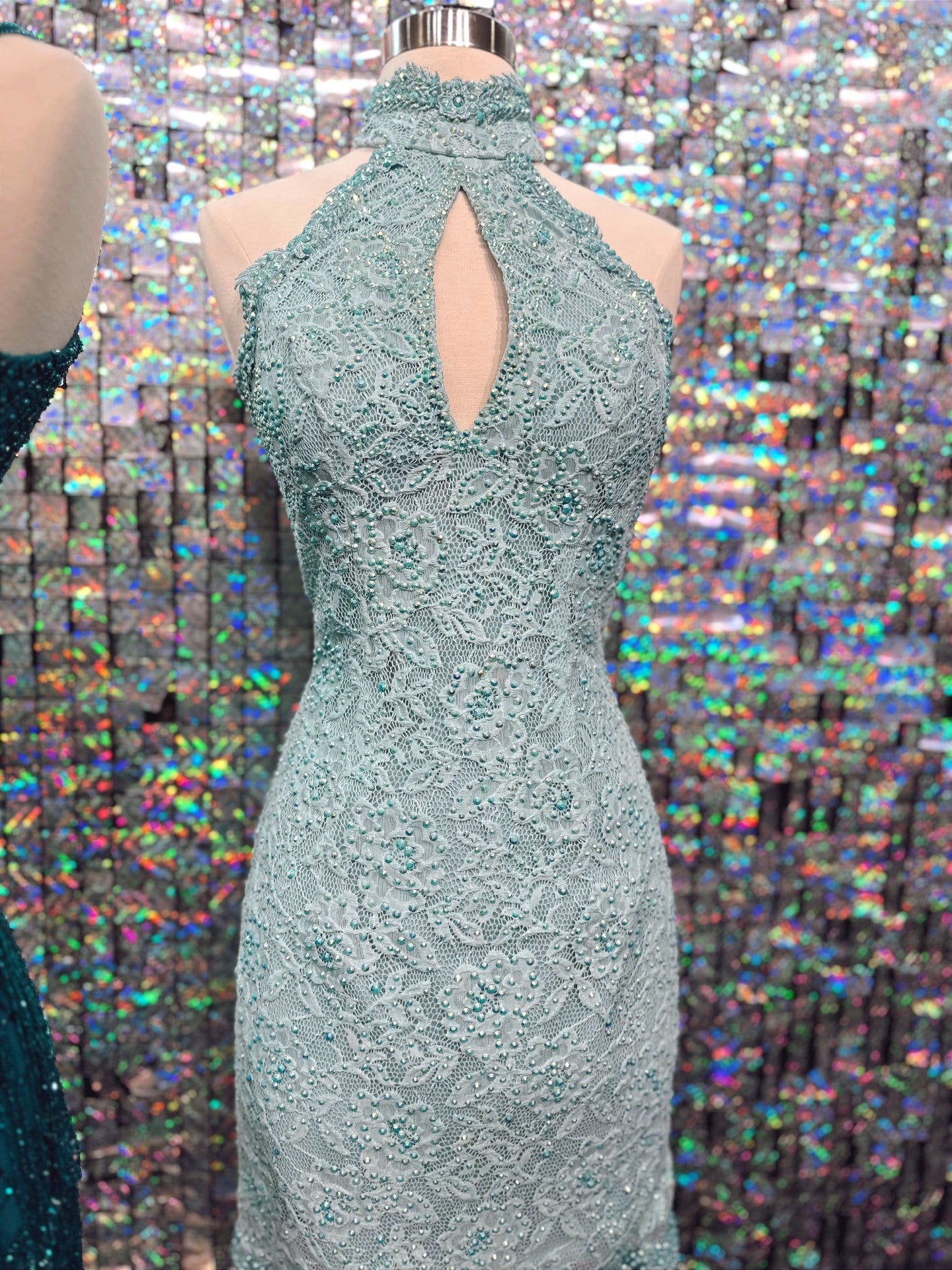 Keyhole Halter Neck Beaded Lace Formal Dress