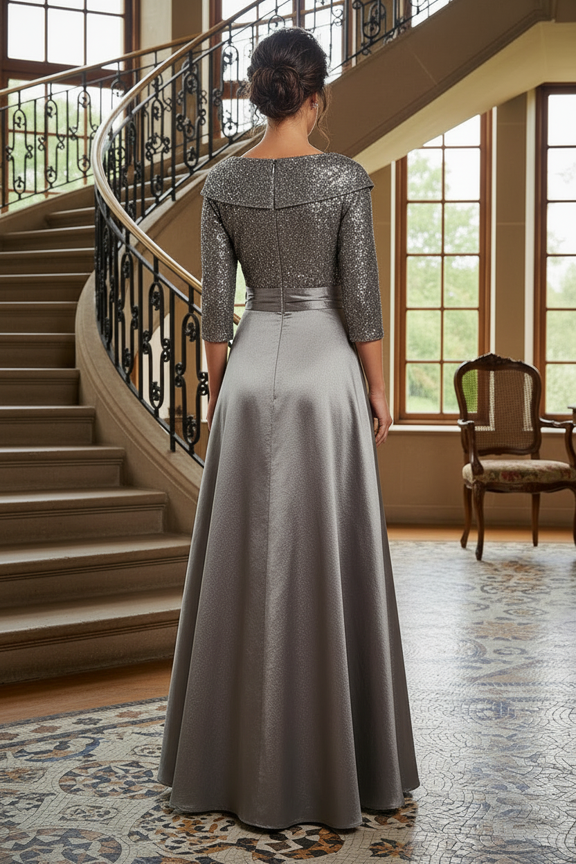 Sequin A-Line Evening Gown with 3/4 Sleeves and Sash