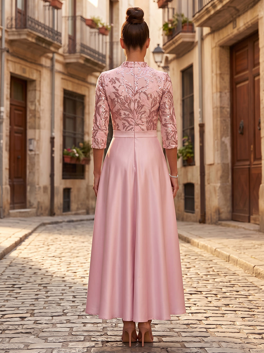 A-Line Satin and Sequin Evening Gown with 3/4 Sleeves
