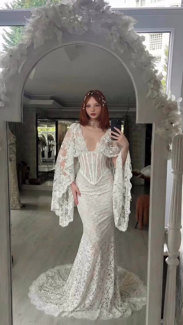 Lace Mermaid Wedding Dress with Corset & Cape Sleeves