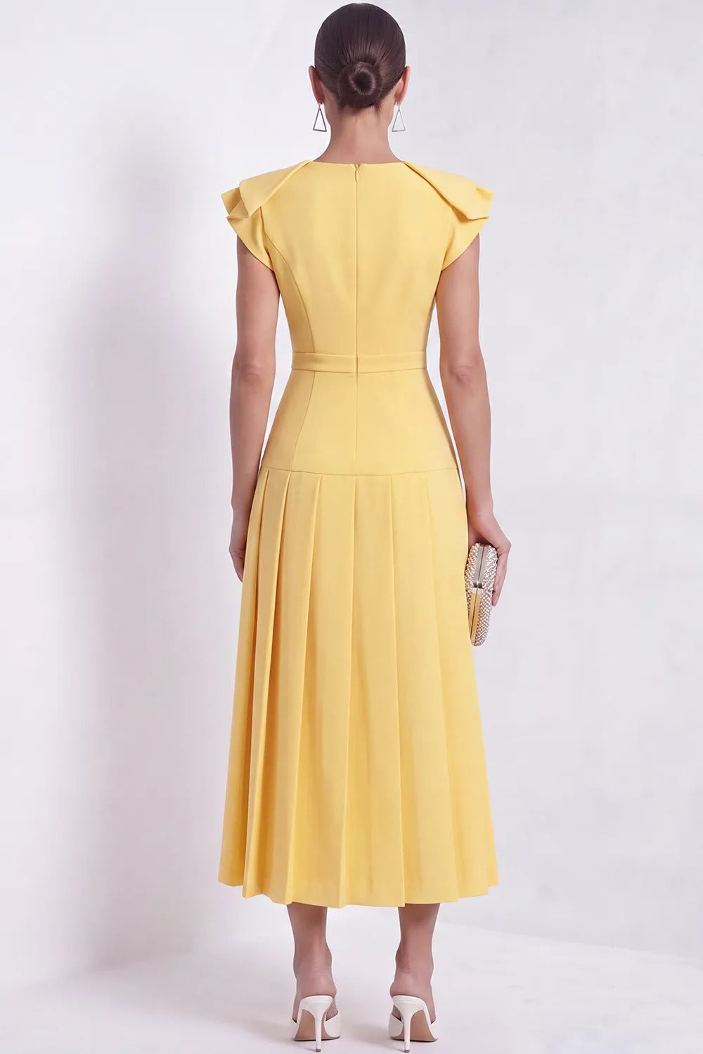Pleated Midi Dress with Layered Cap Sleeves