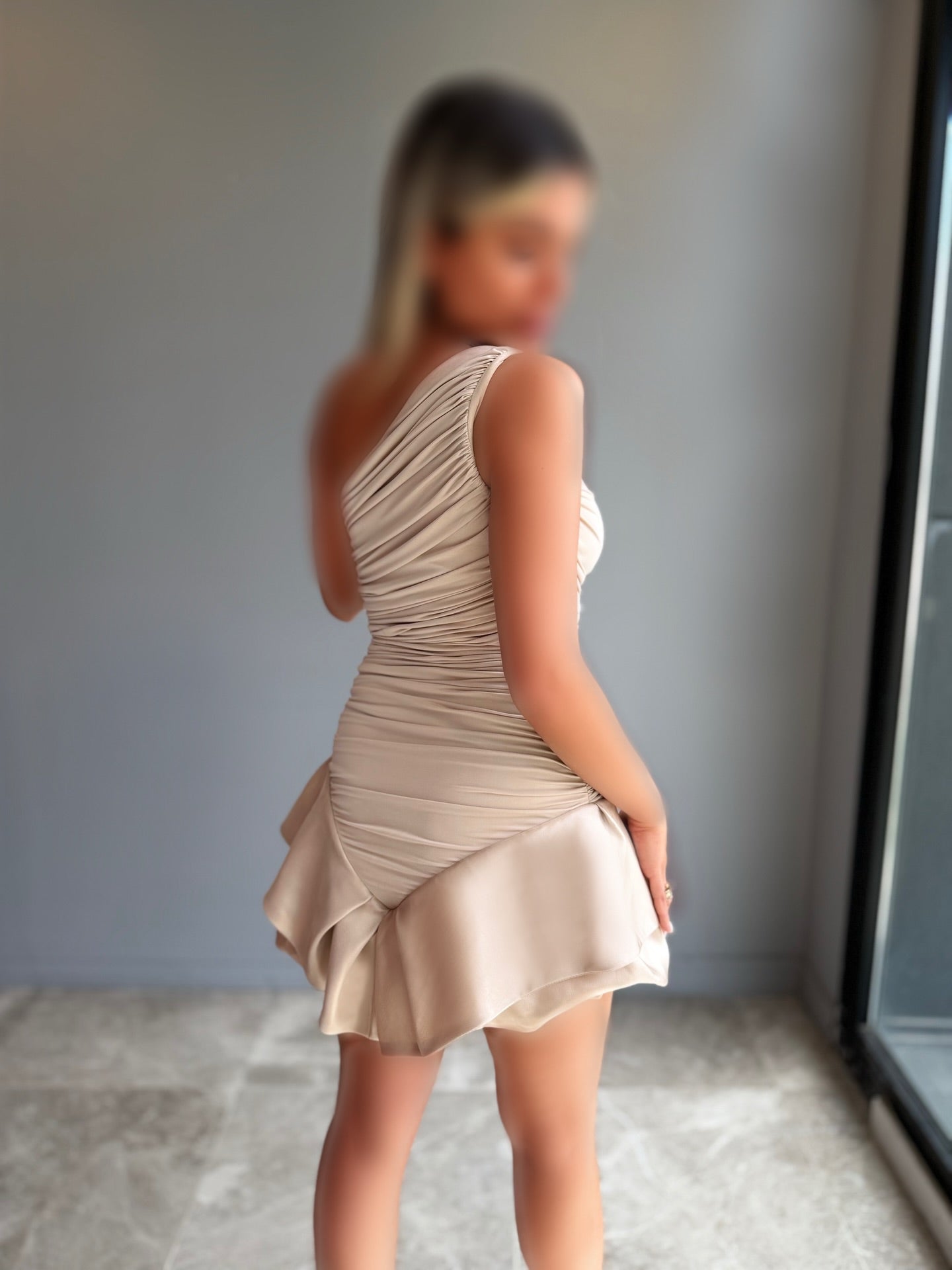 One-Shoulder Ruched Bubble Hem Mini Dress