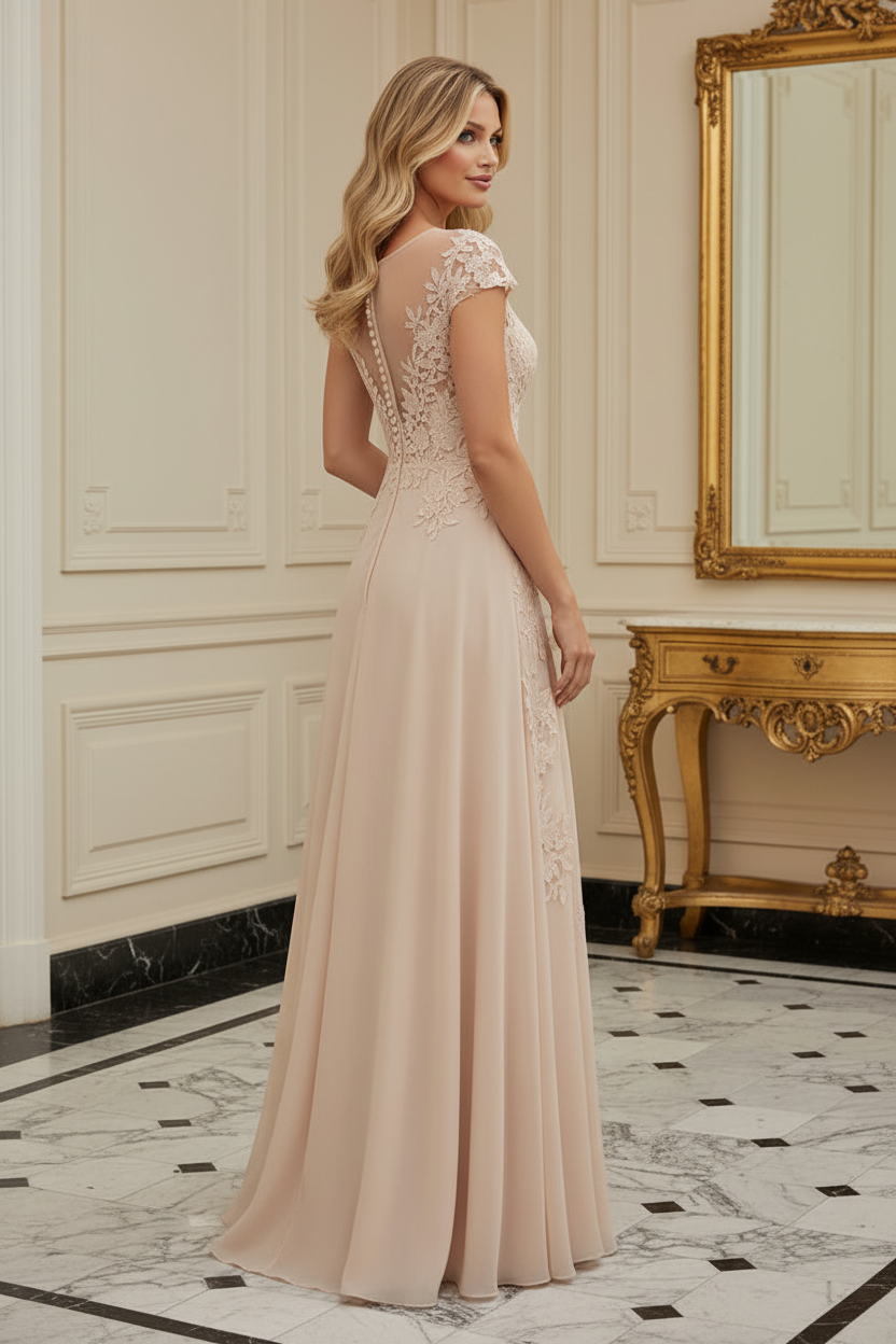 Floral Lace Illusion A-Line Formal Gown with Cap Sleeves