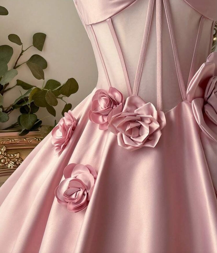 Strapless Corset Satin Mini Dress with 3D Flowers