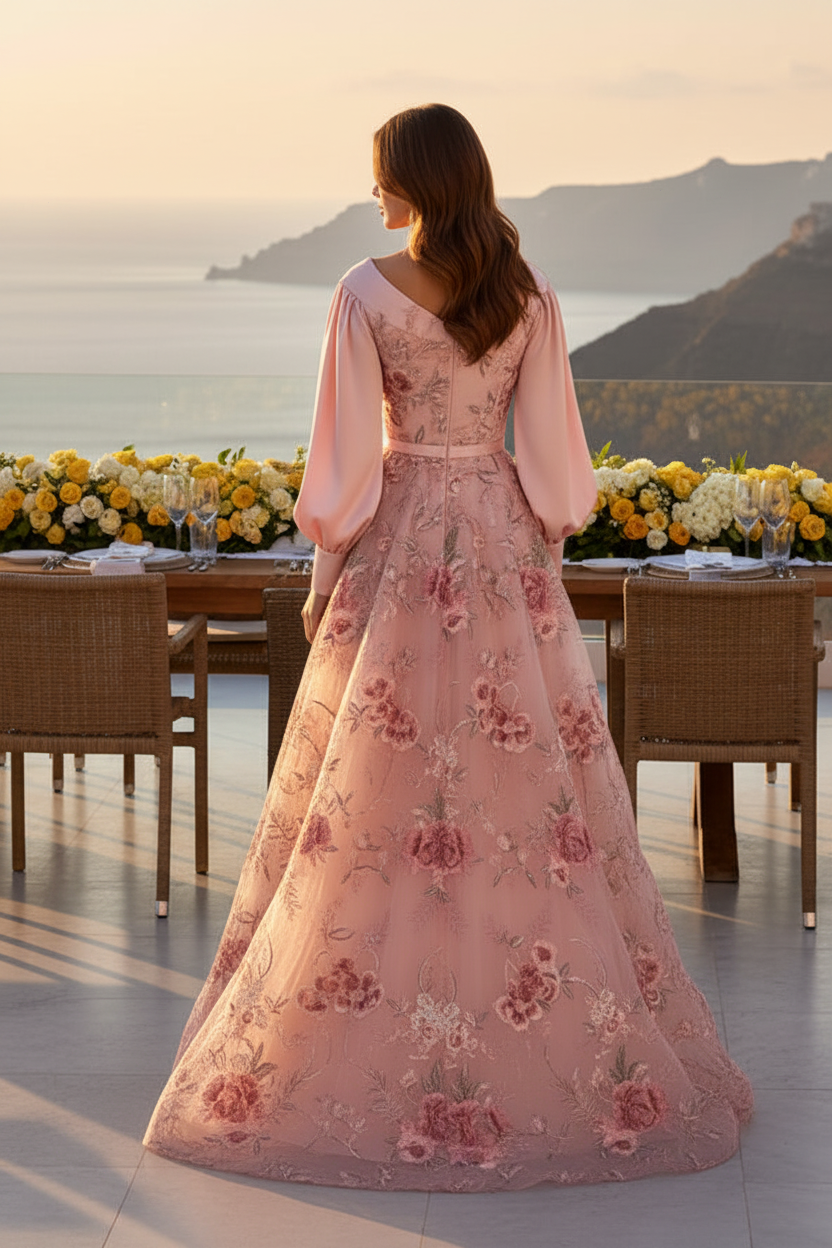 Pleated V-Neck Floral Embroidered A-Line Evening Gown