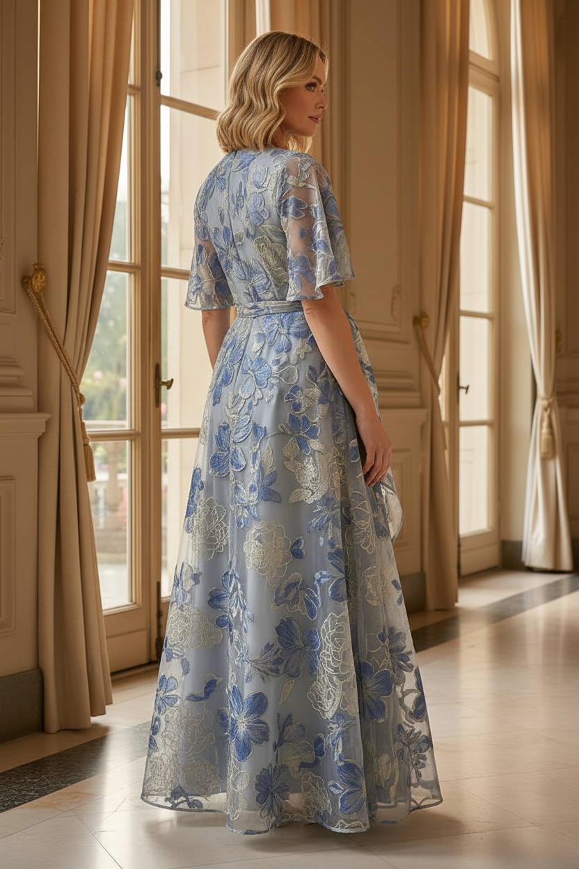 Floral Print Wrap Gown with Flutter Sleeves & Tiered Skirt