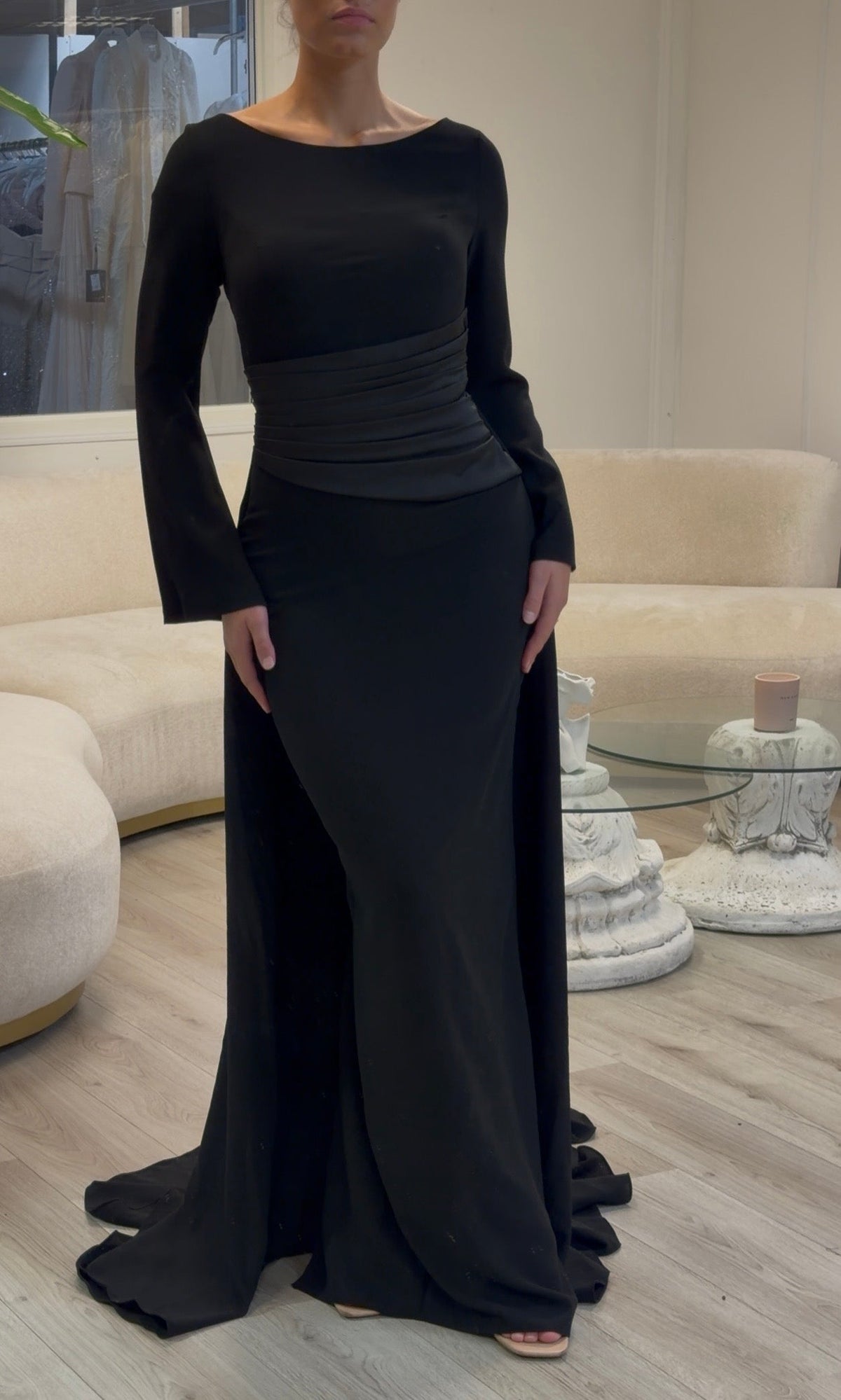 Long Sleeve Column Gown with Pleated Waistband