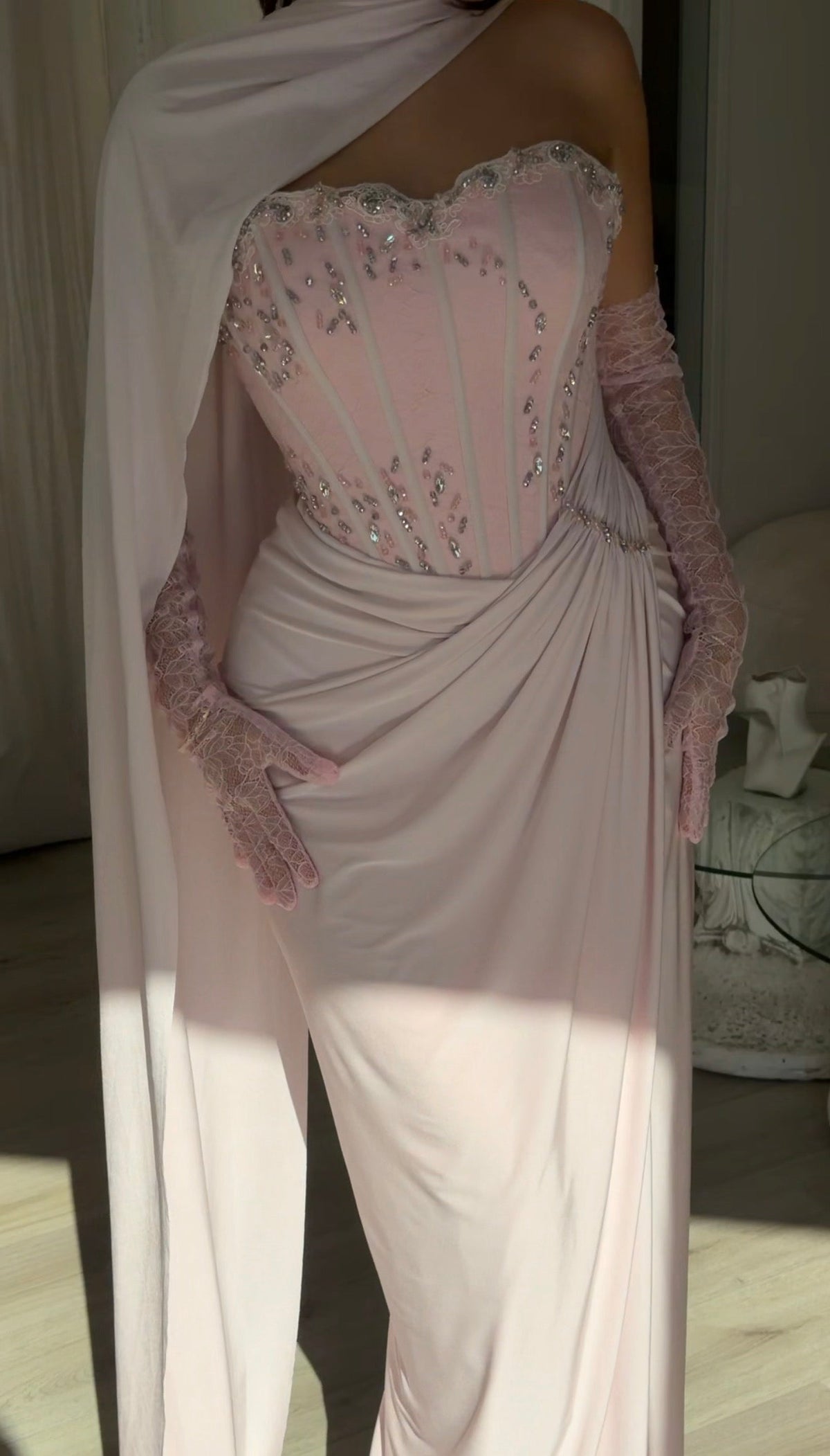 Corset Gown with Scarf Neckline and Gloves
