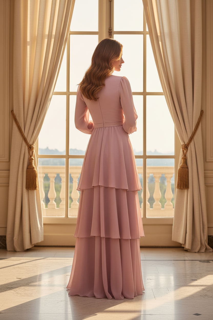 Tiered A-Line Maxi Dress with Long Sleeves and V-Neck