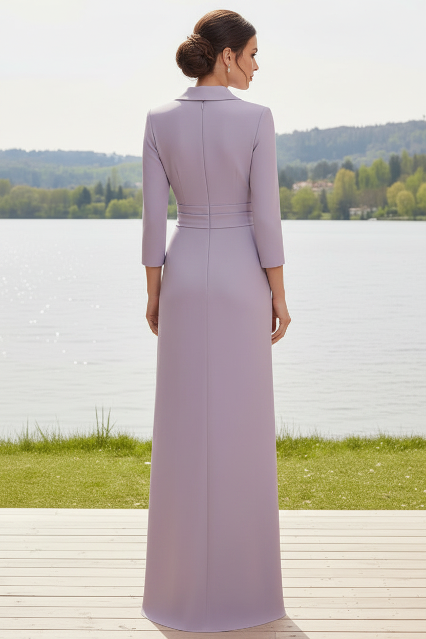 Lavender Wrap V-Neck 3/4 Sleeve Floor-Length Mother of the Bride Dress with Pleated Waist