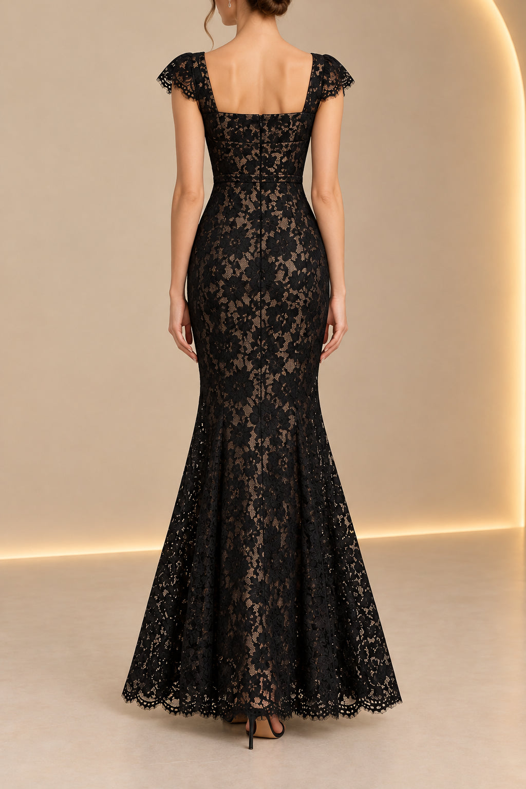 Lace Cap-Sleeve Mermaid Evening Gown