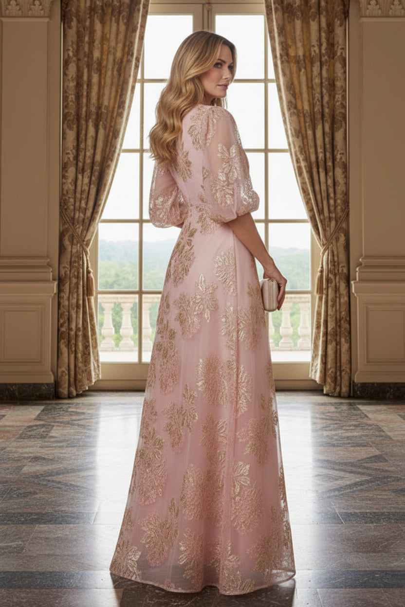 Metallic Floral Brocade A-Line Gown
