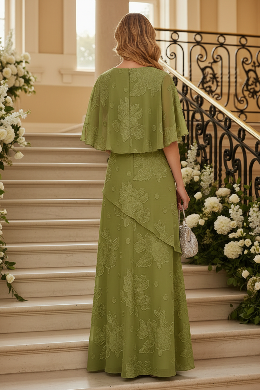 Embroidered Capelet A-Line Gown with Tiered Skirt