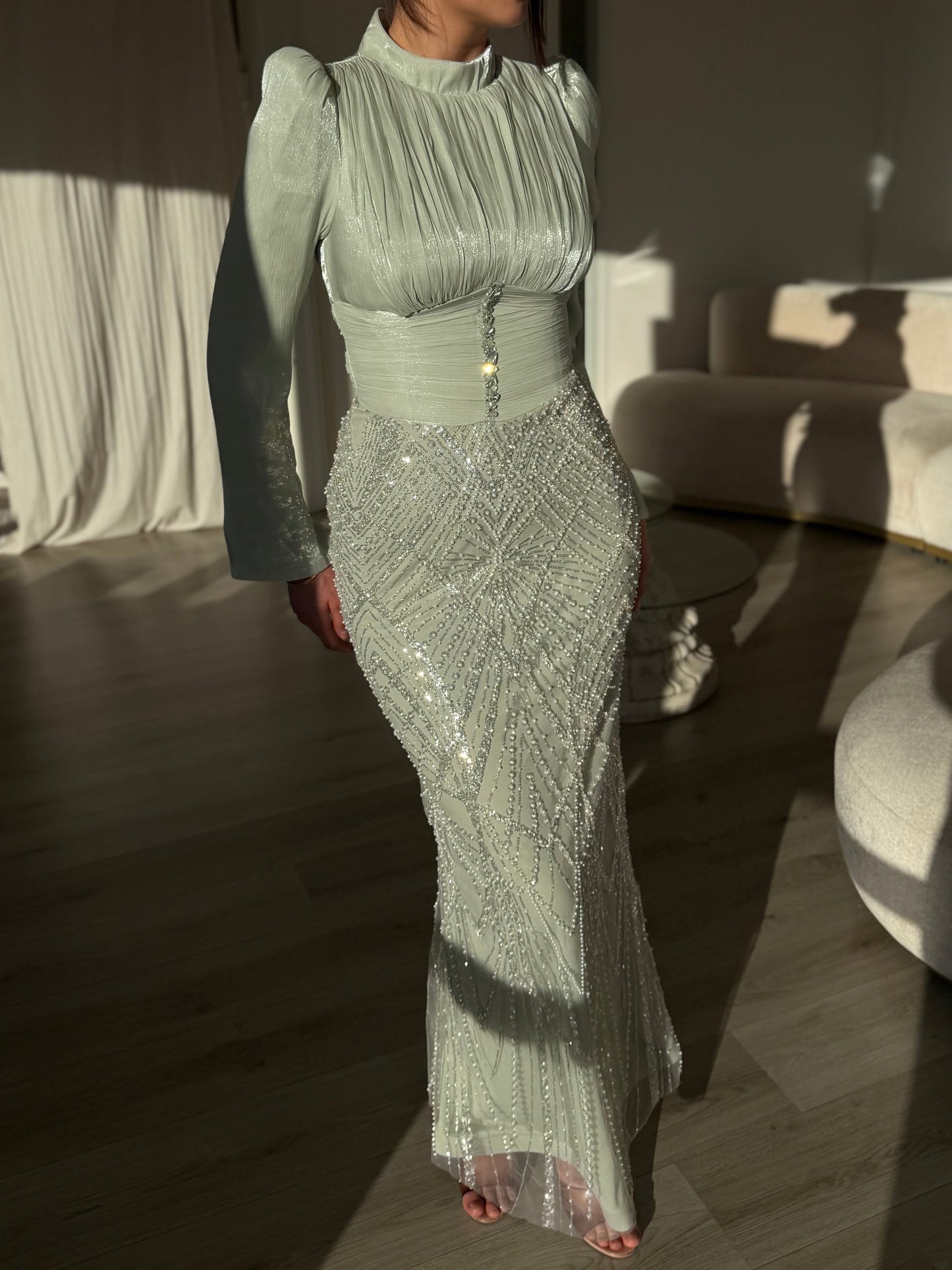 Beaded Sequin Mermaid Evening Gown with Long Sleeves