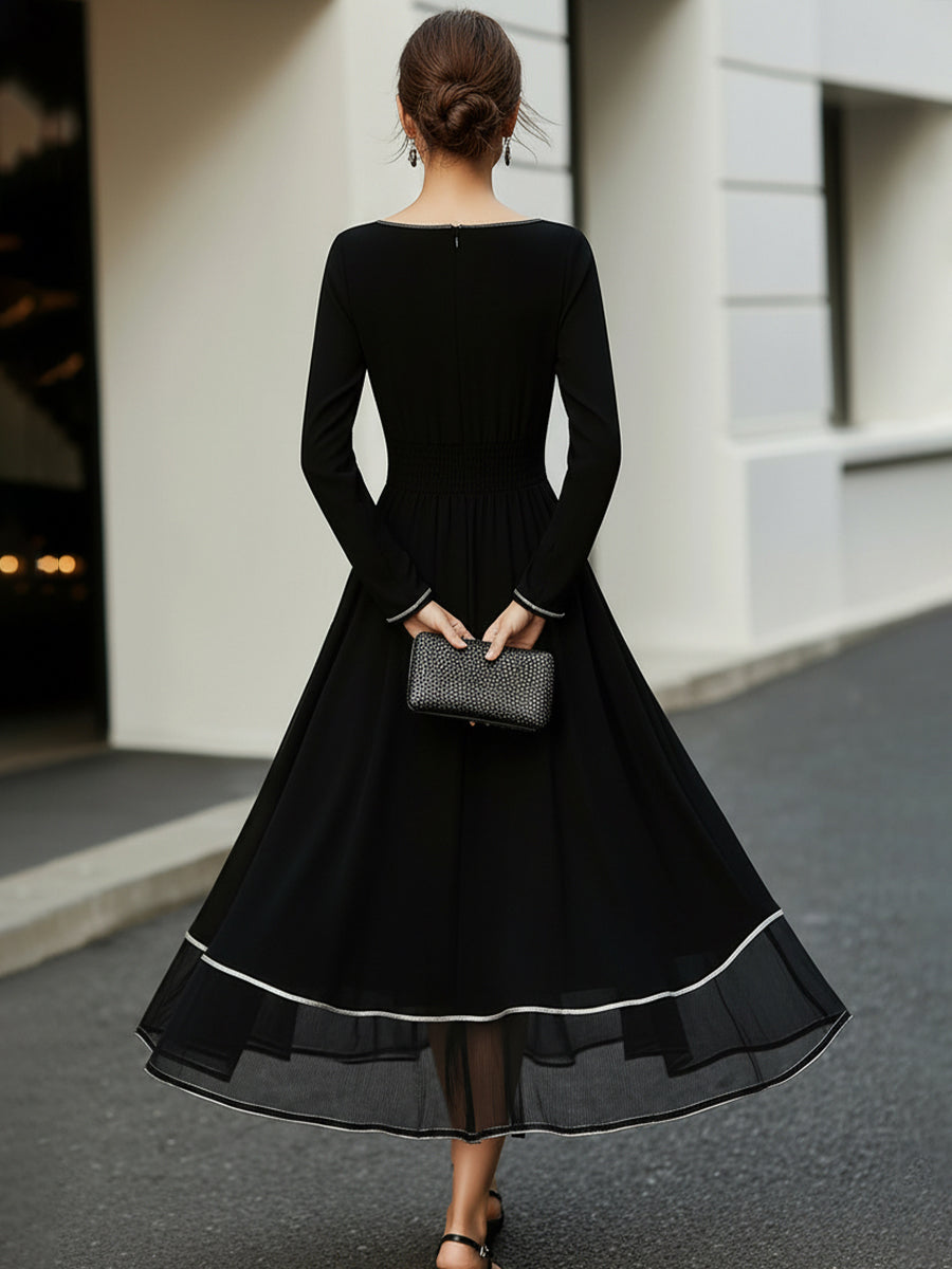 A-Line Midi Dress with Sheer Tiered Hem and Trim