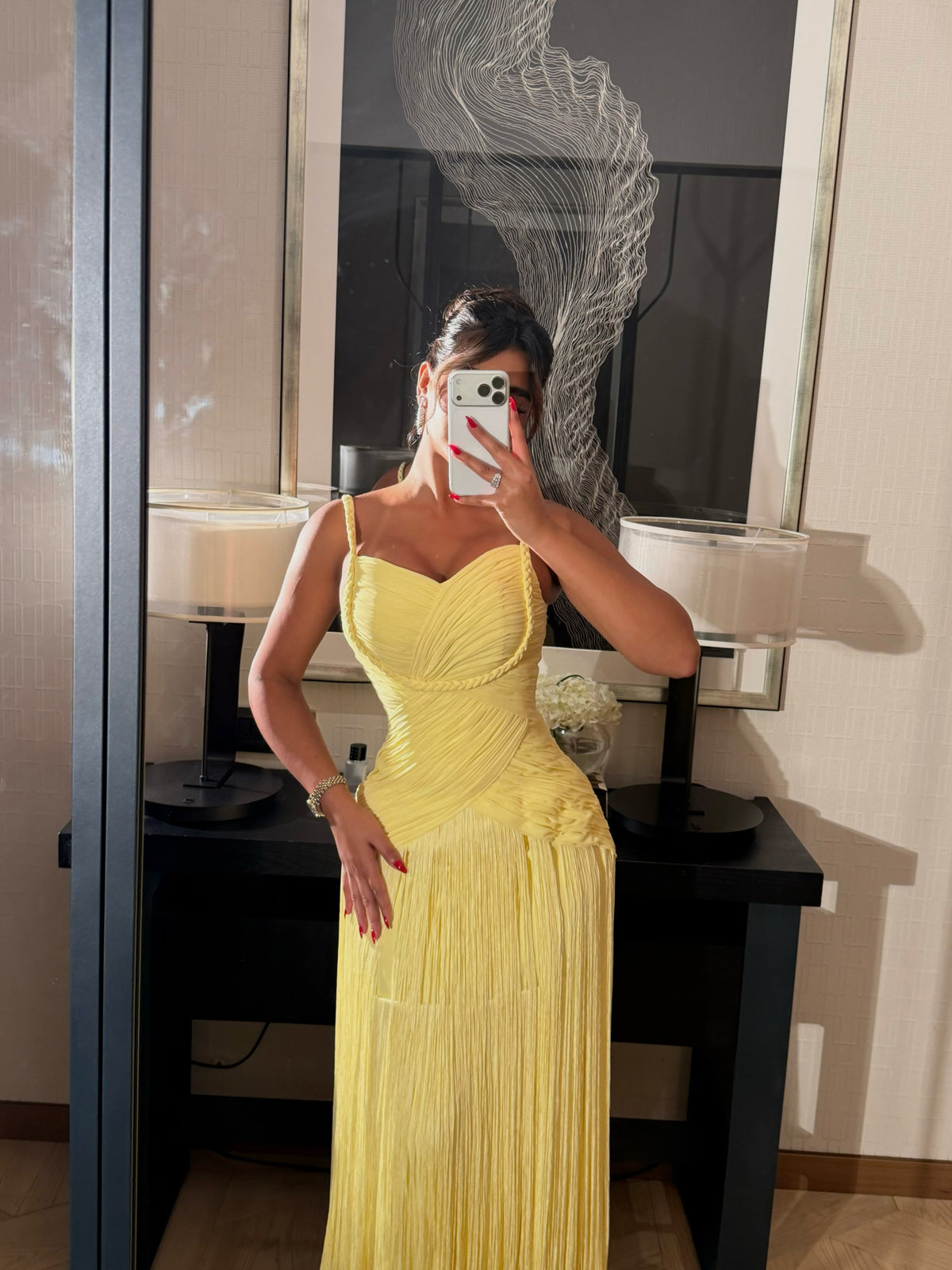 Pleated Sweetheart Maxi Gown with Tiered Fringe