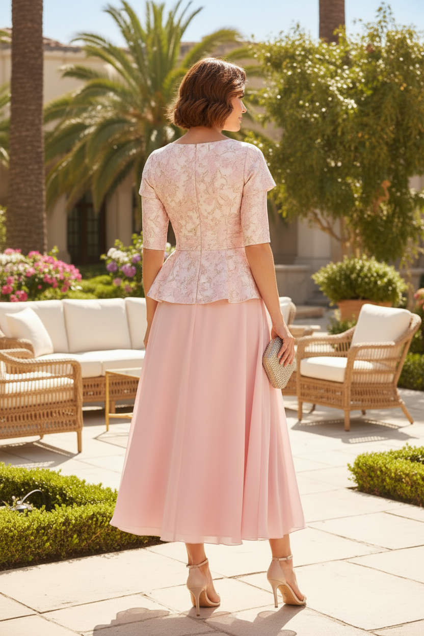 Jacquard Peplum Tea-Length Mother of the Bride Dress