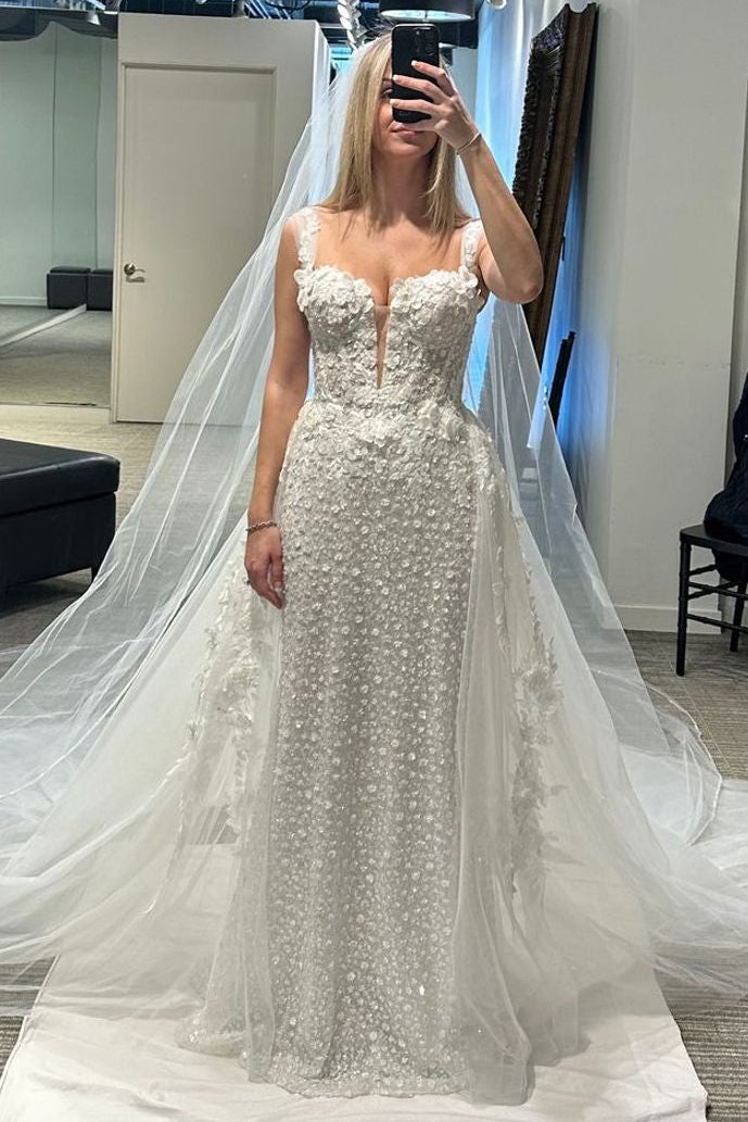 3D Floral Wedding Dress with Detachable Overskirt