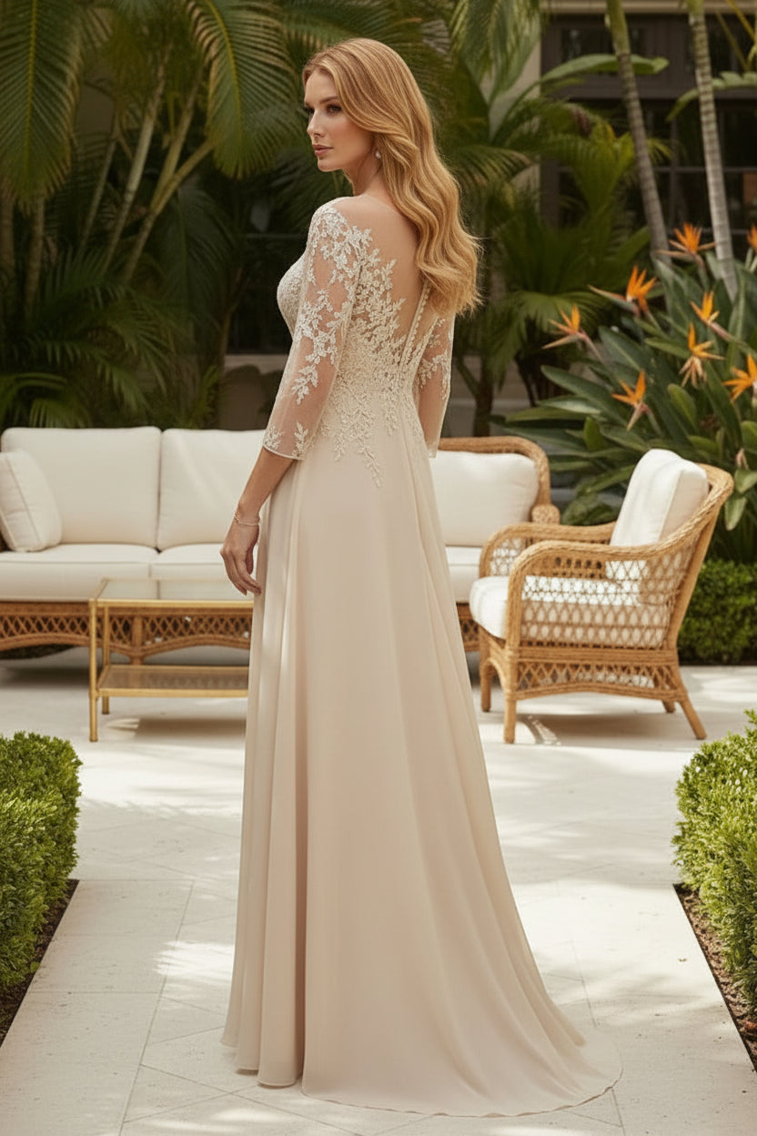 Illusion Lace A-Line Evening Gown with 3/4 Sleeves
