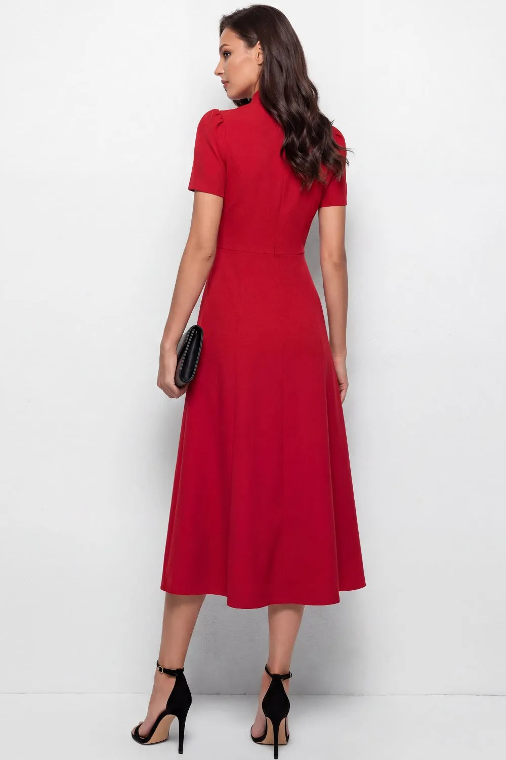 Mandarin Collar A-Line Midi Dress with Puffed Sleeves