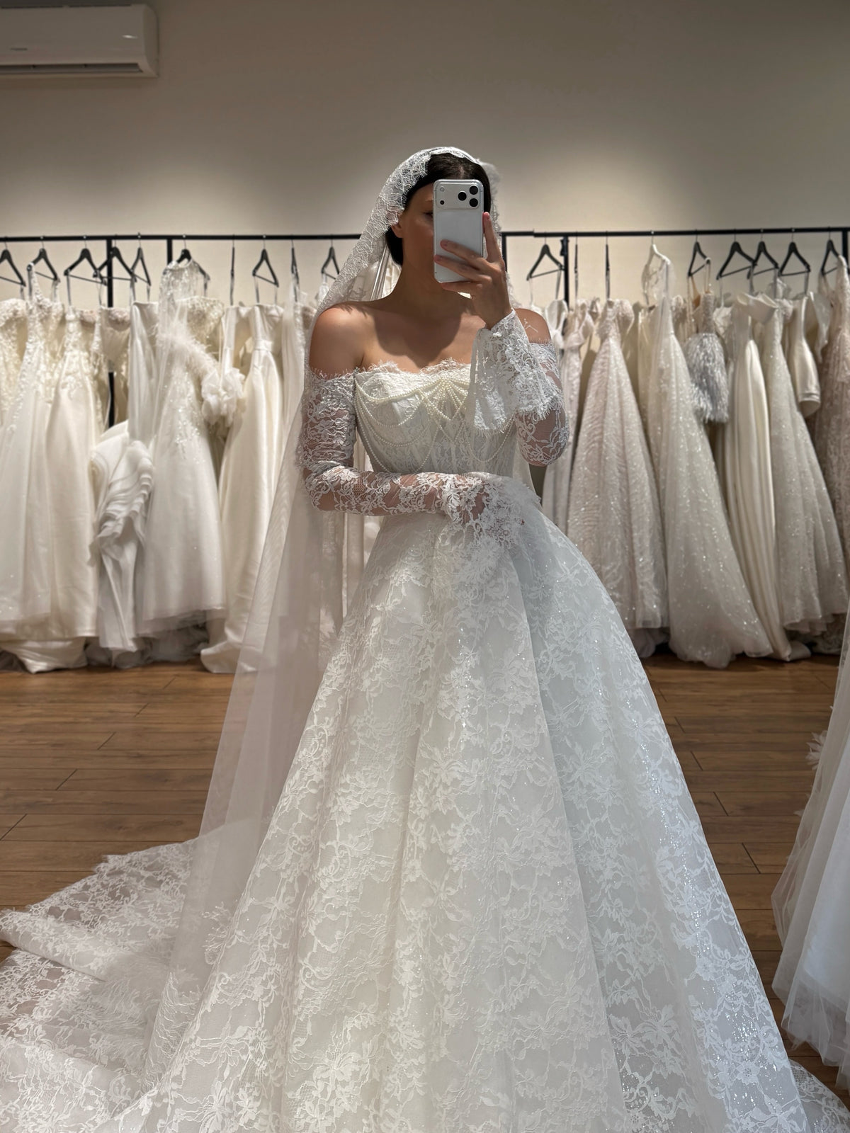 Off-the-Shoulder Lace Ball Gown Wedding Dress