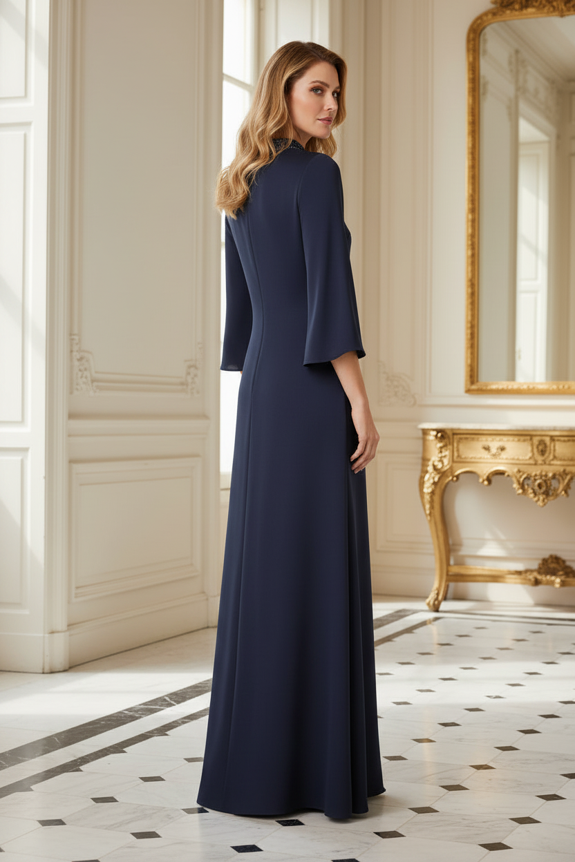 Beaded High Neck Bell Sleeve Column Evening Gown